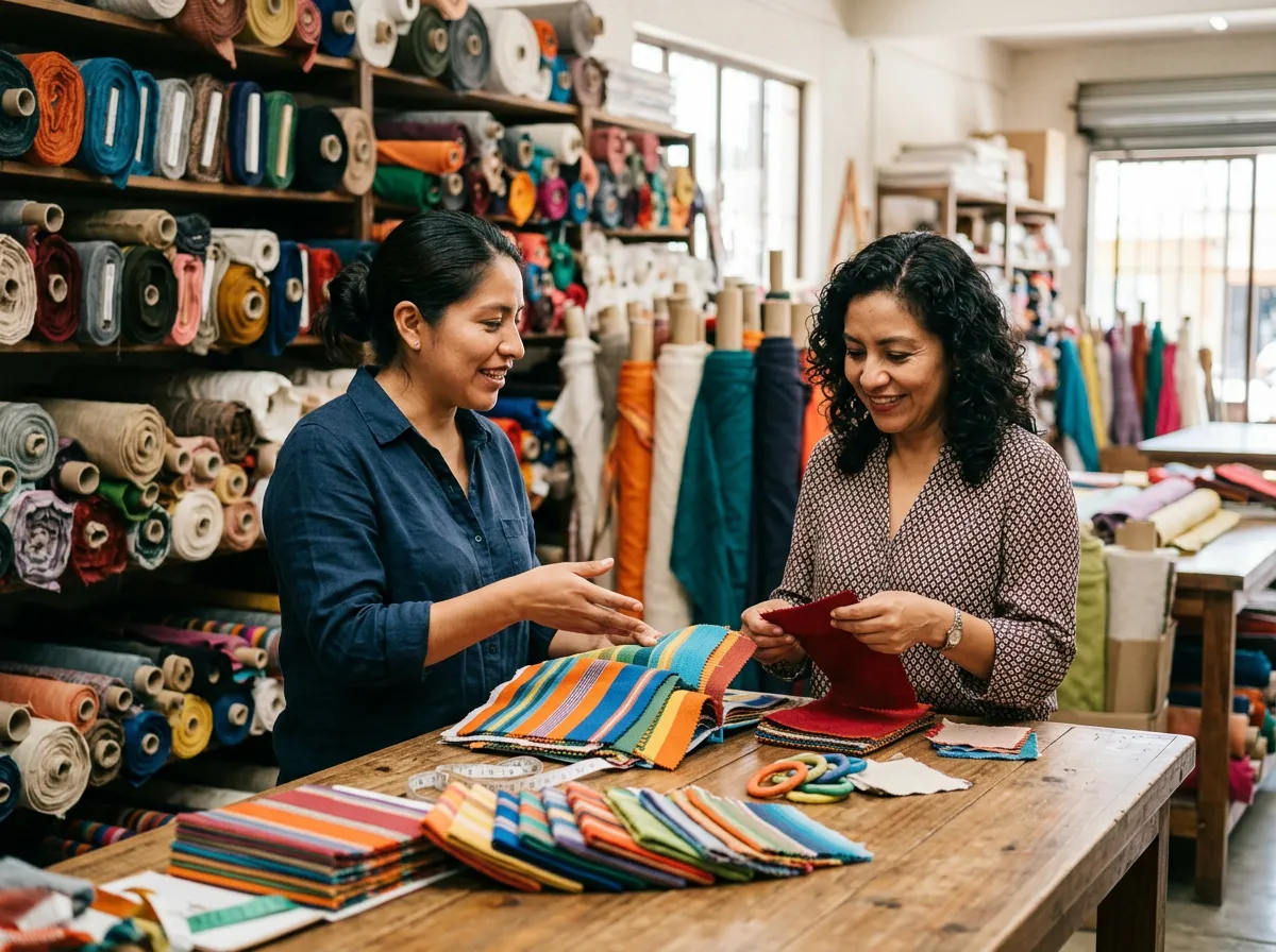 Vendedora mostrando muestras de tela a un cliente